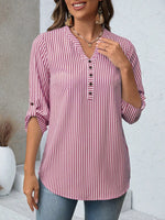 Striped V-Neck Roll-Up Sleeve Blouse