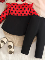 Children's Ladybug Polka Dot Ruffle Trim Top and Pants Set with Headband