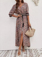 Paisley Print Half Sleeve Slit Midi Dress