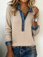 Full Size Denim Trim Button Front Ribbed Knit Top Plus Size