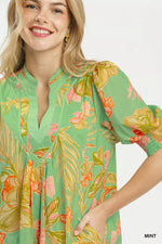 Umgee Botanical Print Dress with Smocked Cuffs