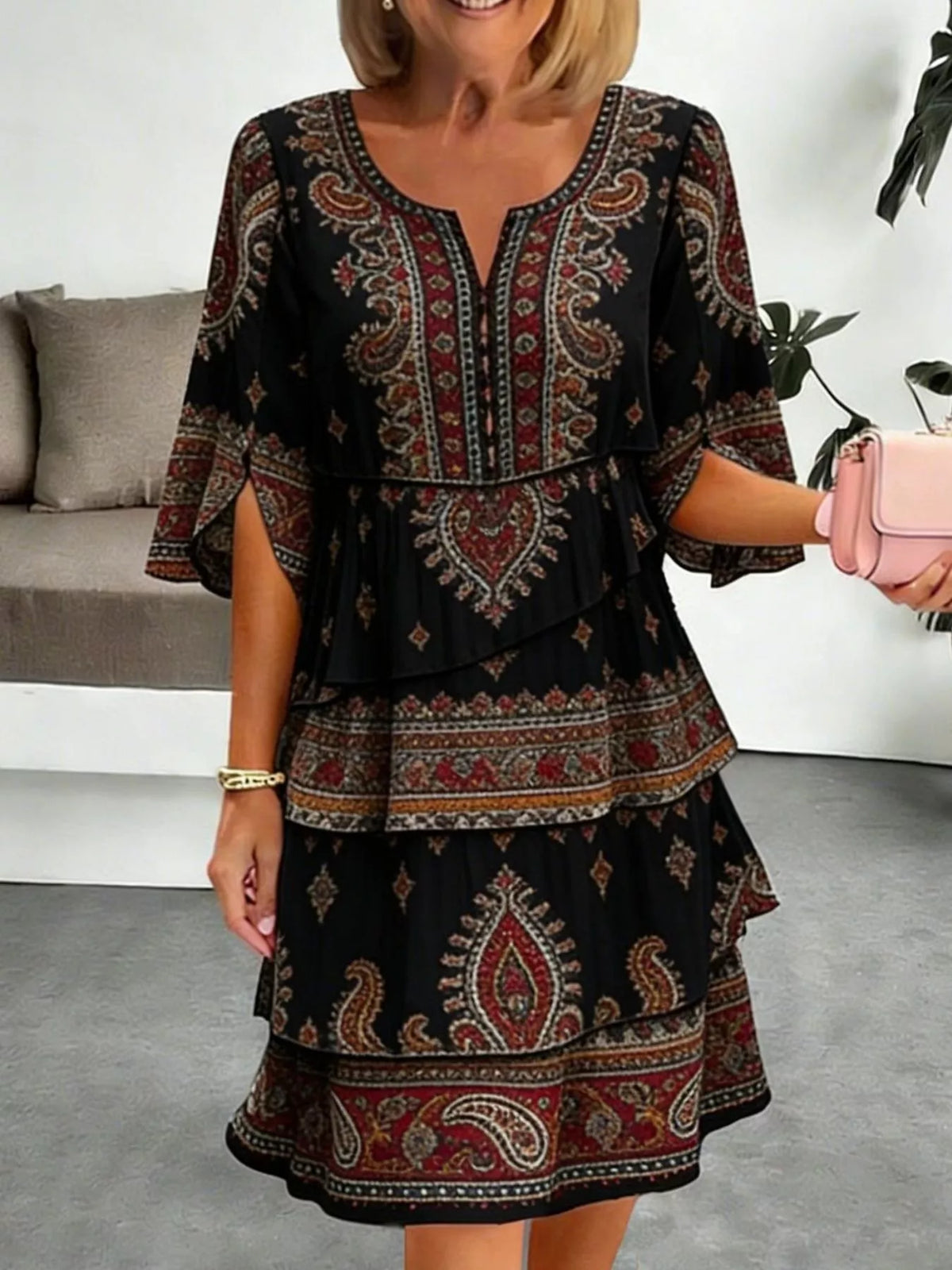 Full Size Paisley Print Layered Ruffle Mini Dress Plus Size