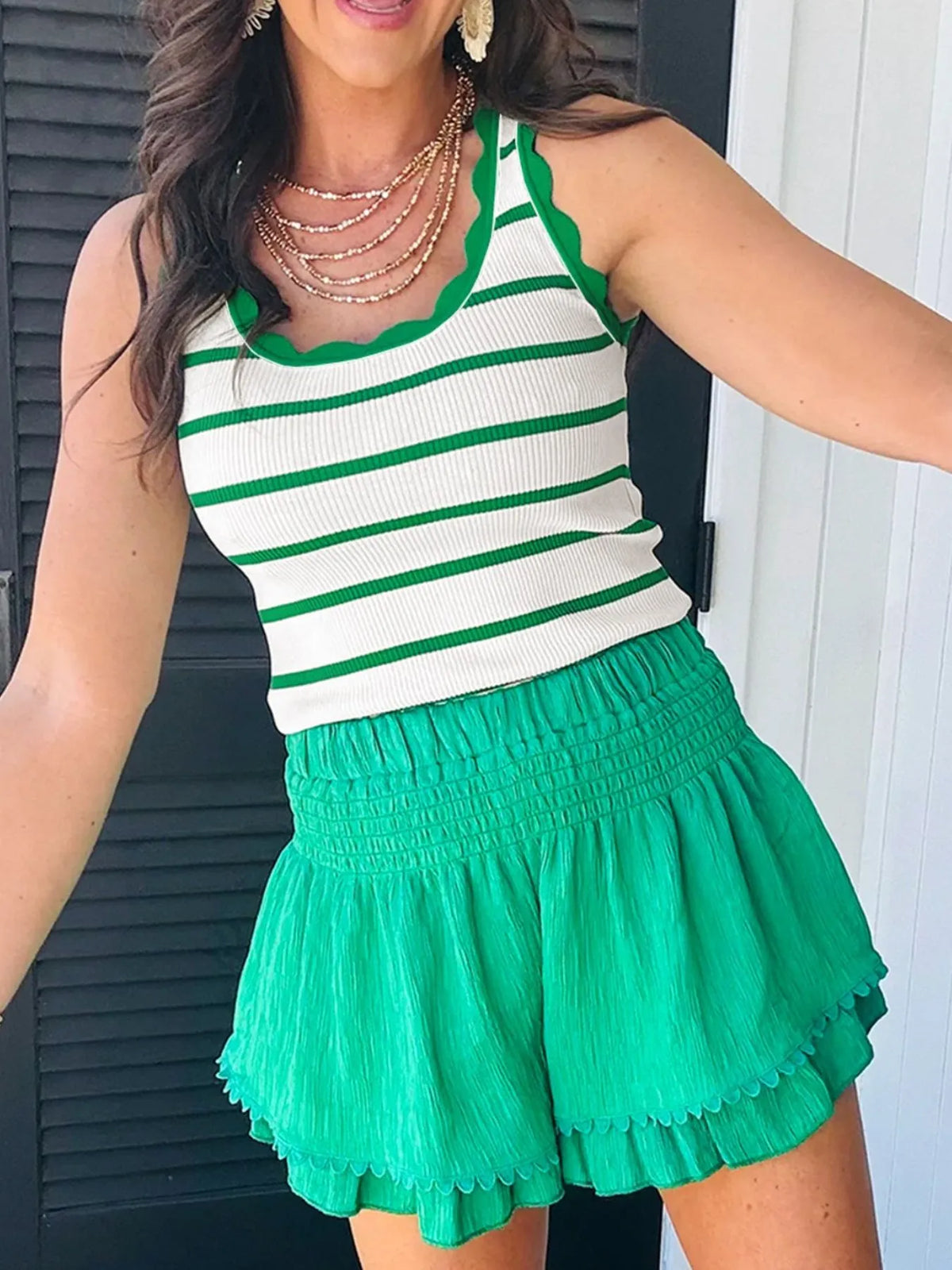 Stripe Scalloped Edge Crew Neck Knit Tank Top