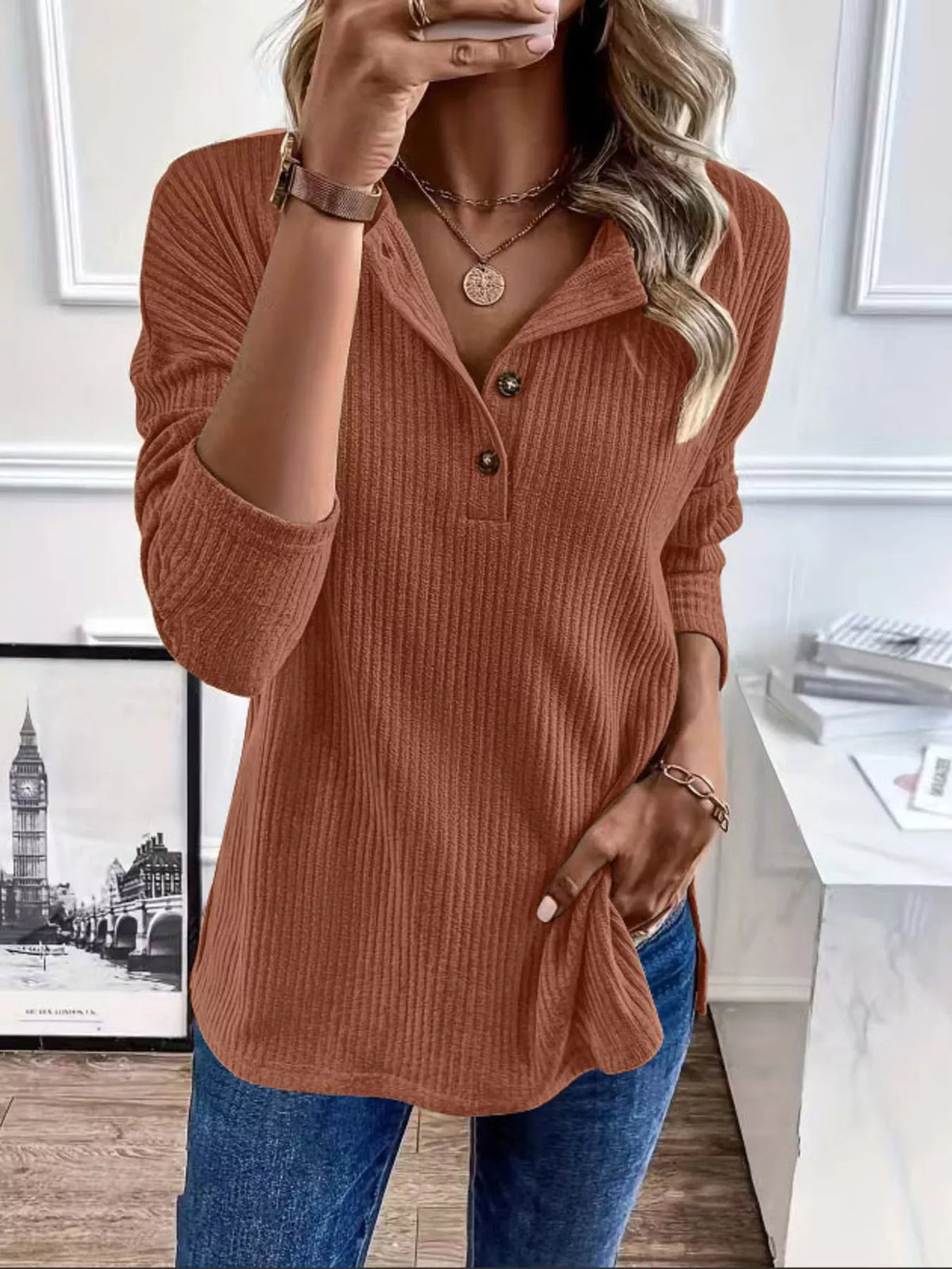 Button-Detail Dropped Shoulder Top