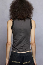 POL Round Neck Cropped Tank with Lace Trim