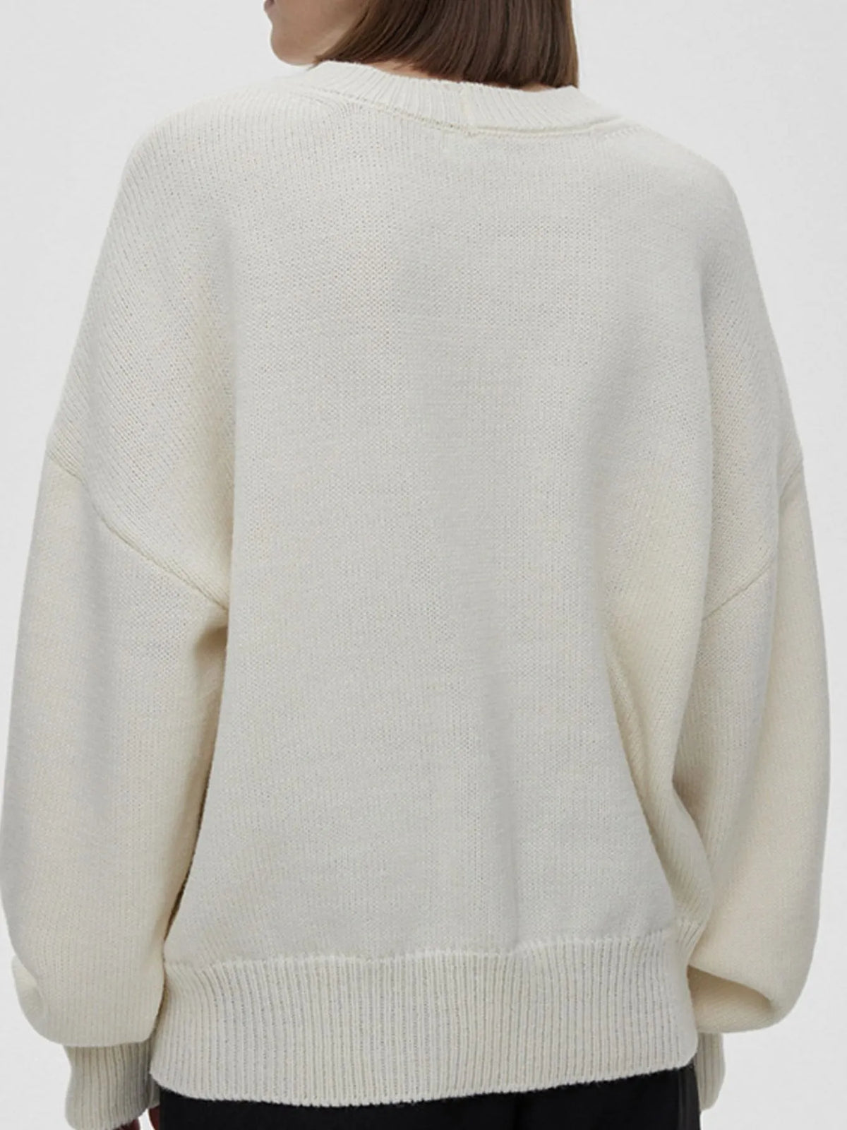 Flower Ribbed Hem Round Neck Sweater