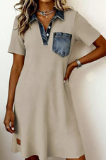 Casual Ribbed Knit Denim Trim Mini Dress