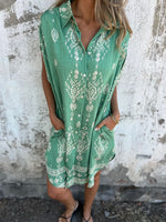 Full Size Printed Short Sleeve Button-Up Shirt Dress Plus Size