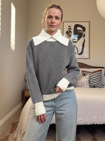 Striped Knit Sweater with Contrast Collar