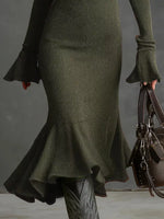 Ribbed Knit Zip Front Flare Hem Midi Dress