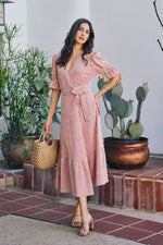 SO ME Stripe Textured Short Sleeves Lined Wrap Midi Dres