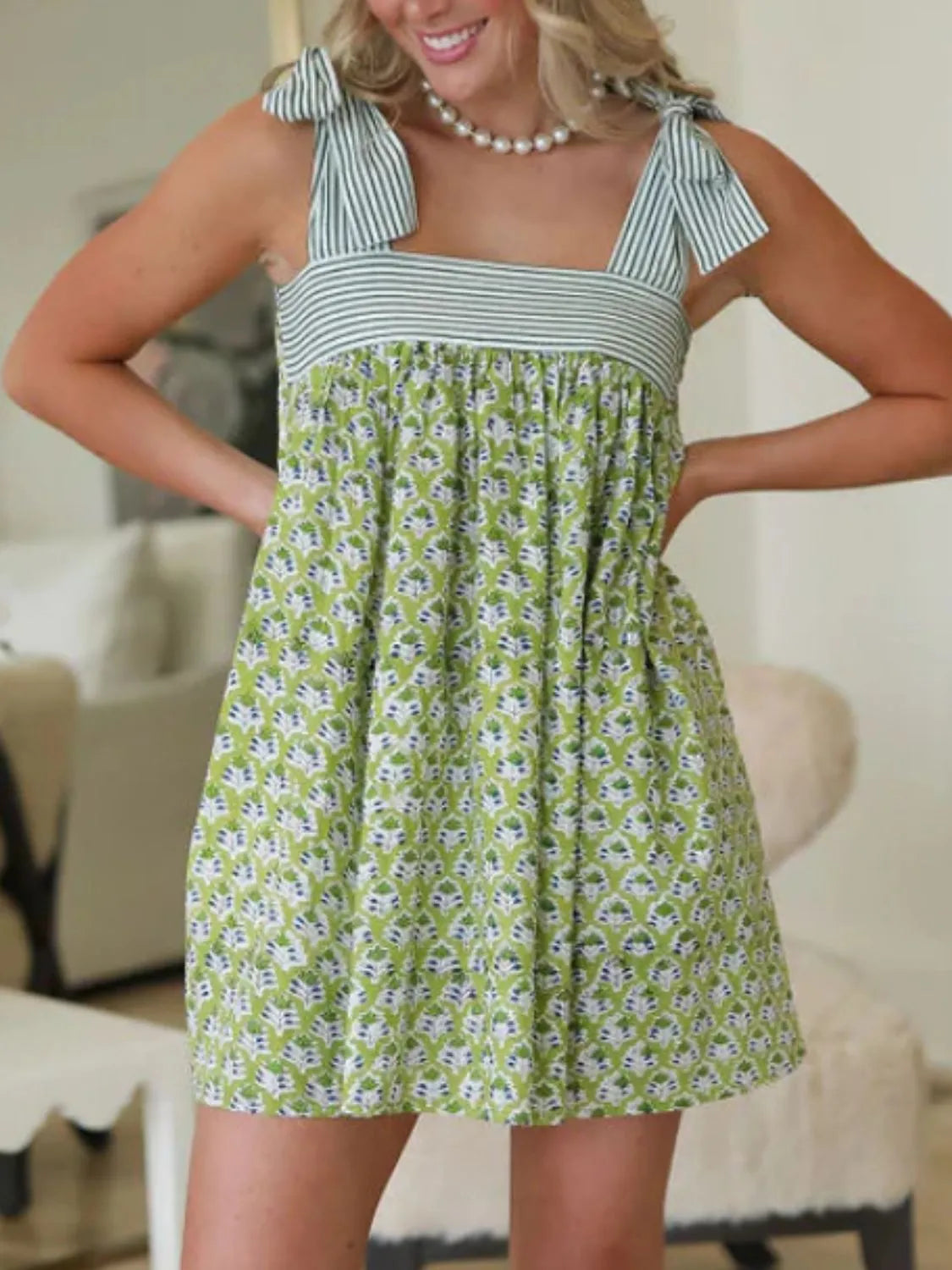 Printed Square Neck Tie Shoulder Mini Dress