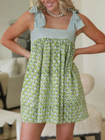 Printed Square Neck Tie Shoulder Mini Dress