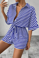 Striped Collared Neck Tie Waist Romper