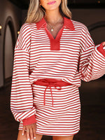 Stripe Collared V Neck Drop Shoulder Pullover and Skort 2pcs Outfit
