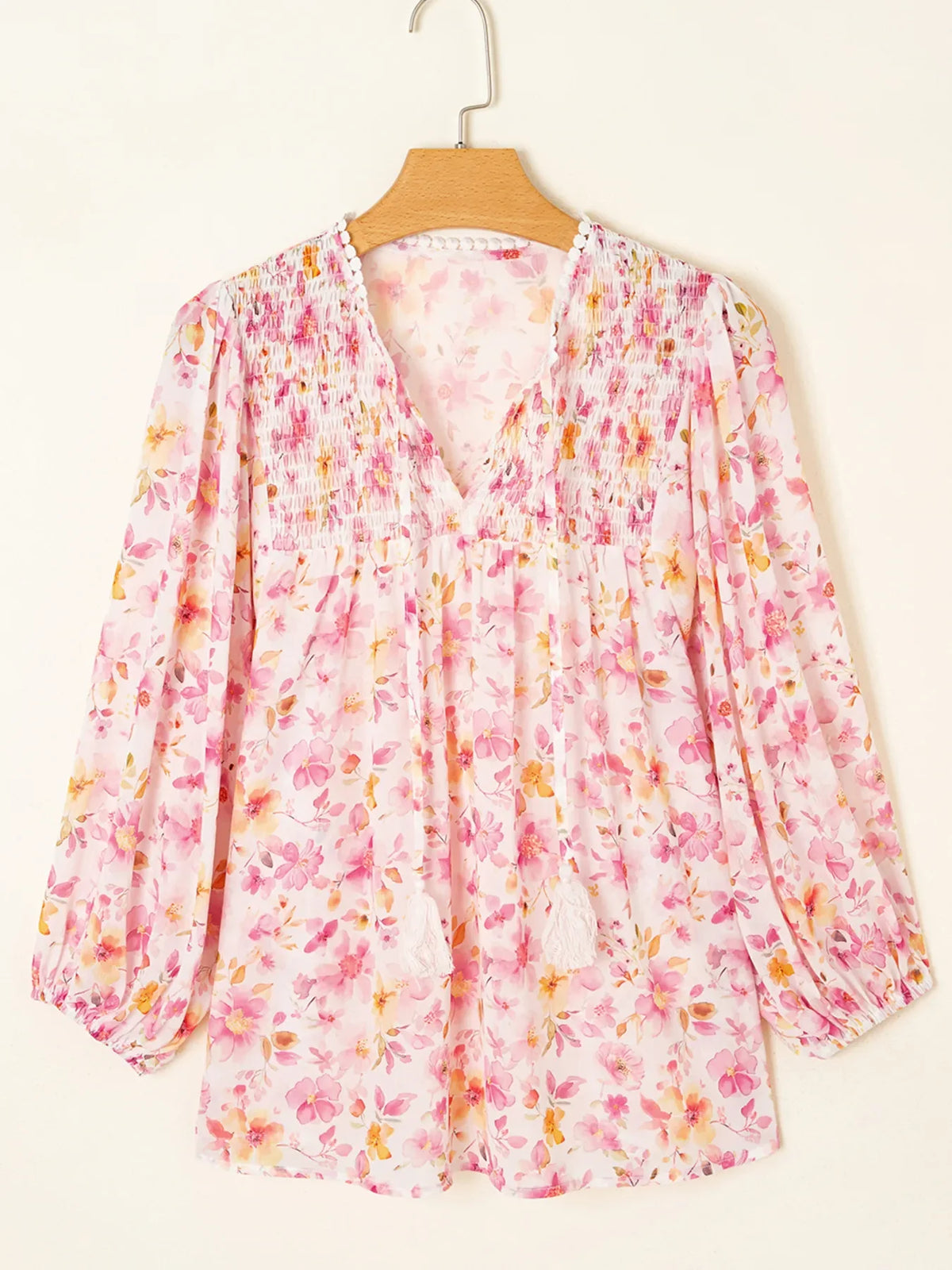 Floral Print Tassel Tie Smocked Puff Sleeve Blouse