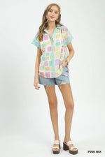 Umgee Mixed Media Print Button Front Collared Top