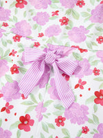 Floral Print Striped Trim Frilled Neck 3/4 Sleeve Flared Mini Dress