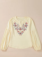 Embroidered Notched Balloon Sleeve Blouse