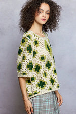 POL Round Neck Short Sleeve Color Pattern Crochet Top with Border Accents