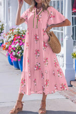 Notched Neck Flutter Short Sleeve Floral Print Dress