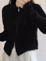 Fluffy Knit Zip-Up Outerwear