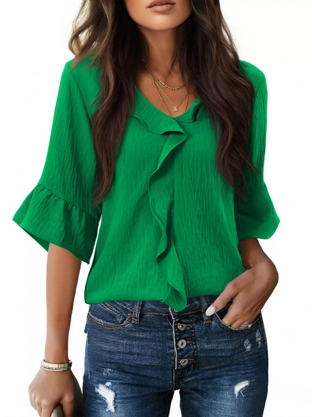 Ruffle Trim V-Neck Blouse