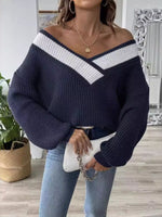 Contrast Trim V-Neck Ribbed Sweater