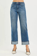 RISEN Full Size 4 Way Stretch Slouchy Straight Jeans with Cuffed Hem Plus Size