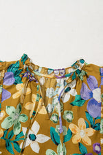Floral Print Ruffle Cap Sleeve Tie Neck Top