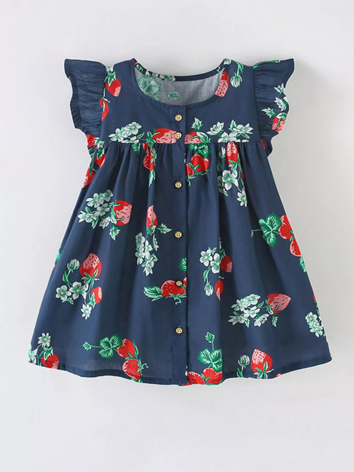Children's Strawberry Print Ruffle Sleeve Button-Down Dress