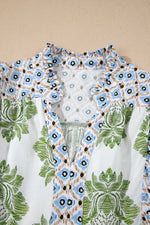 Floral Print Contrast Patchwork Ruffle Detail Mini Dress
