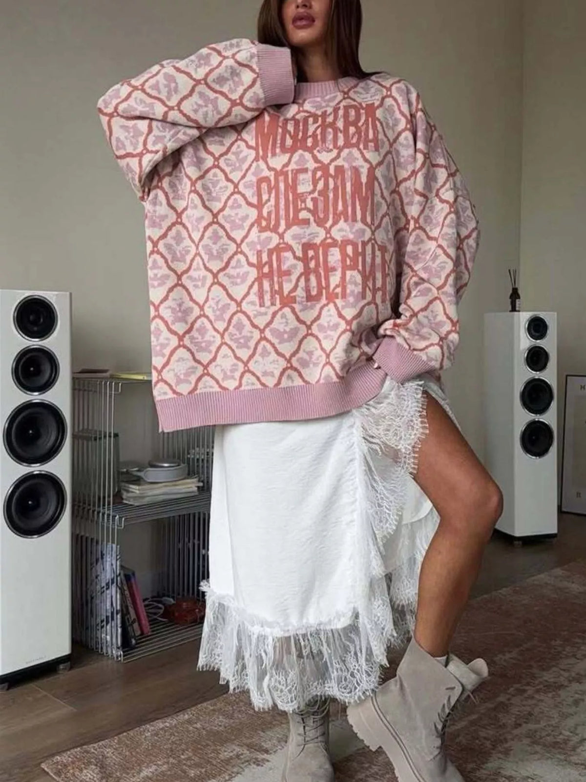 Letter Round Neck Long Sleeve Sweater