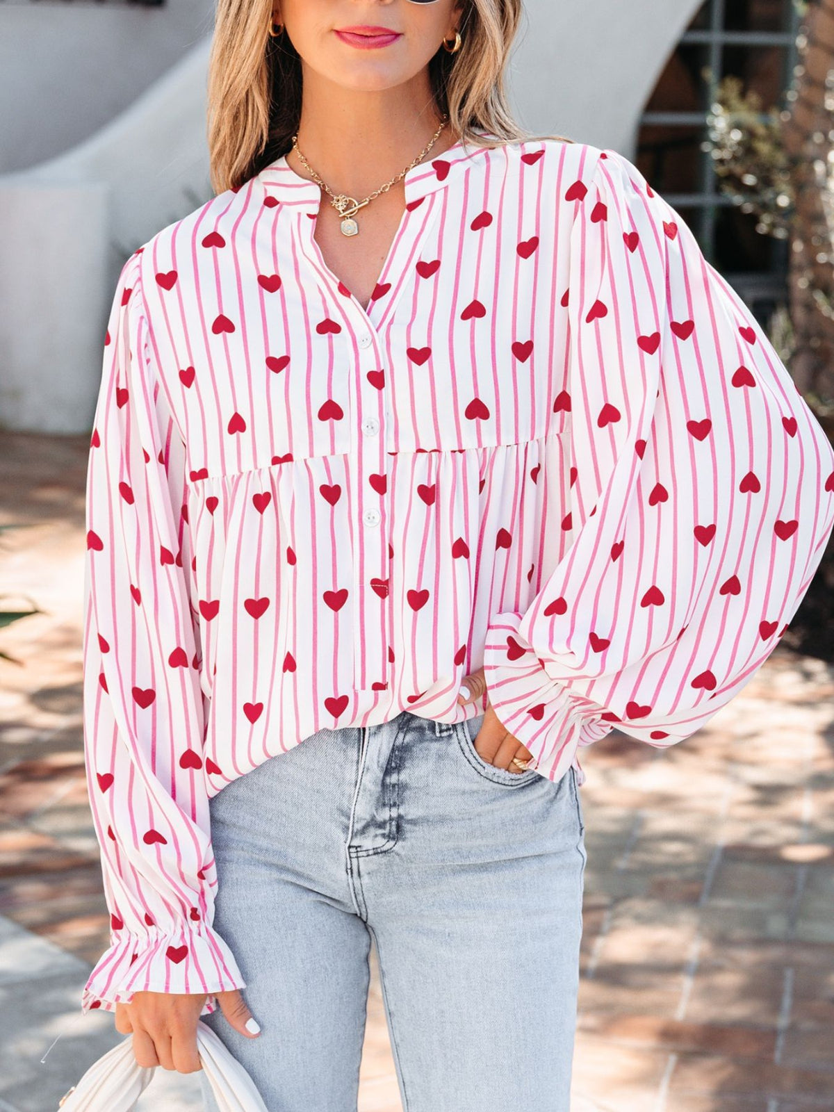 Stripe Textured Heart Print Long Flounce Sleeve Shirt