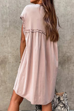 Frilled Trim Crew Neck Cap Sleeve Loose Fit Mini Dress