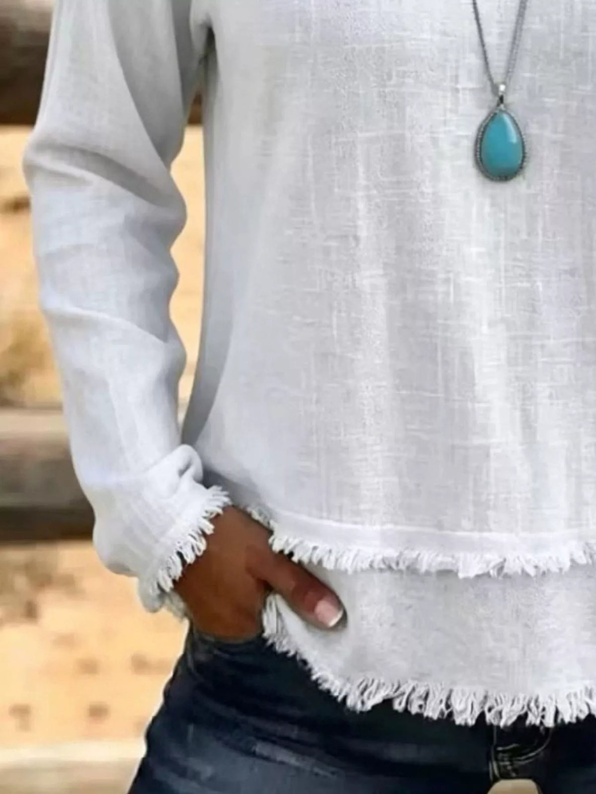 V-Neck Long Sleeve Blouse with Frayed Hem Detail
