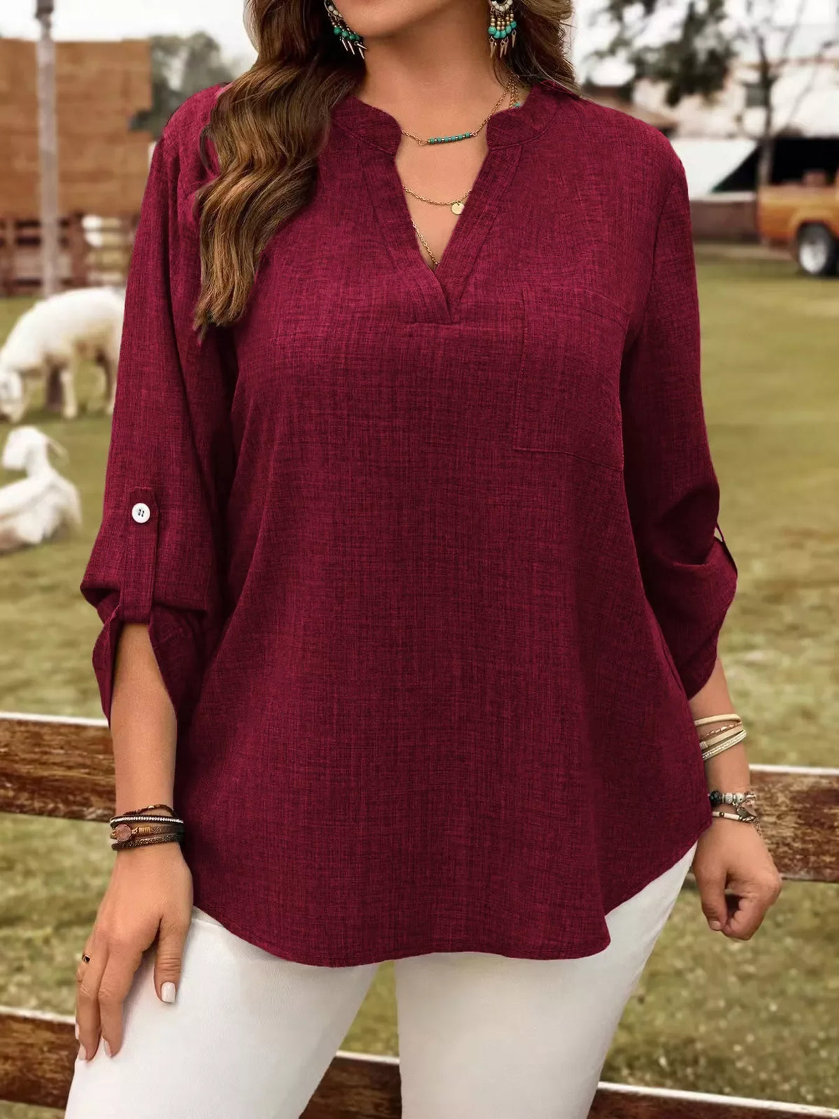 Plus Size Notched Roll-Tab Sleeve Casual Blouse