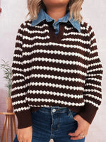 Contrast Striped Sweater with Denim Collar