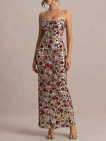 Slit Floral Sequin Bodycon Maxi Dress