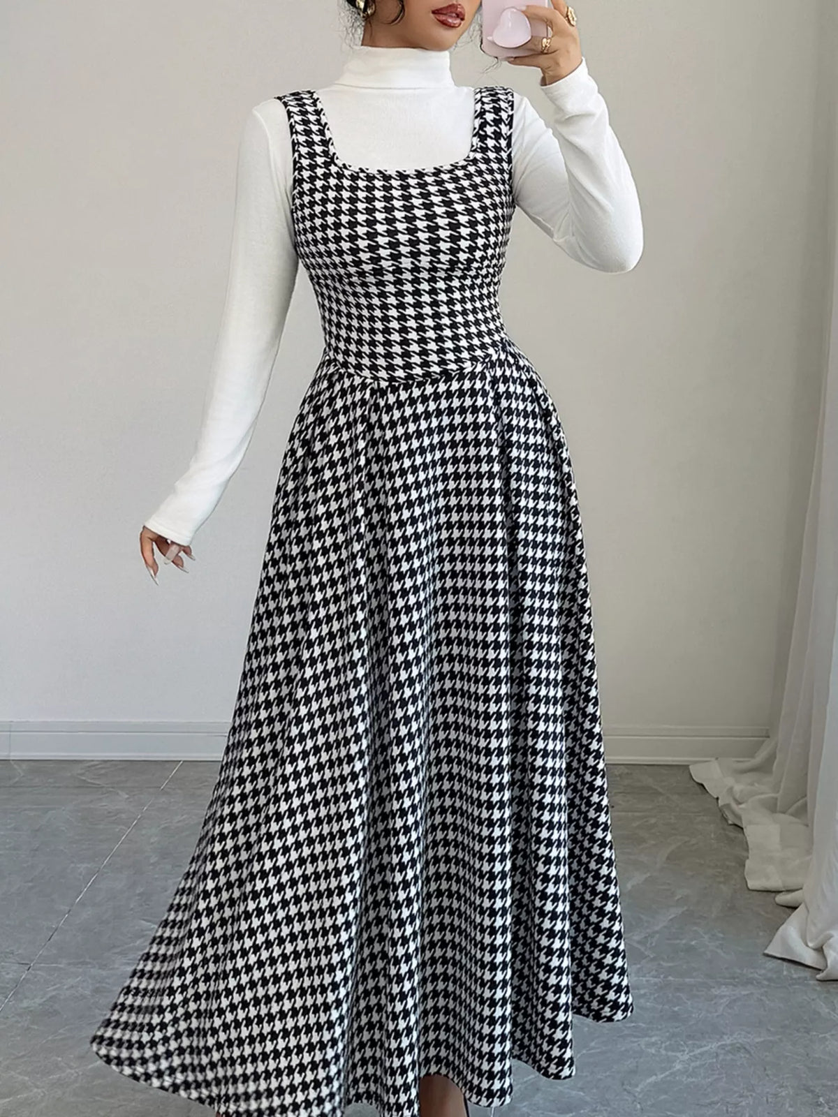 Houndstooth Sleeveless A-Line Dress