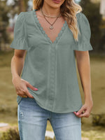 Lace Trim V-Neck Puff Sleeve Blouse