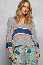 POL V-Neck Striped Pattern Cropped Knit Top with Cable Knit Detail