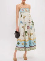 Ocean Print Spaghetti Strap Midi Dress