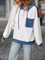 Casual Color Block Button Detail Hoodie