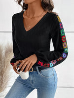 V-Neck Crochet Long Sleeve Top