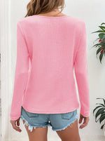 Waffle Knit Button-Detail V-Neck T-Shirt