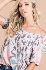 BiBi Tie Dye Print Terry Deep U Neck Top