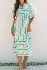 Striped Floral Print Tie Neck Puff Sleeve Midi Dress