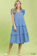 Umgee Textured Ruffle Sleeve Tiered Midi Dress