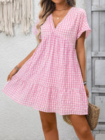 Plaid V-Neck Ruffle Hem Mini Dress